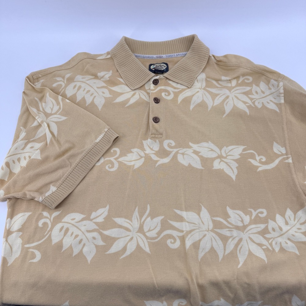 Tommy Bahama Polo Shirt Mens Large Tan Floral Leaf Cotton Pique Short Sleeve